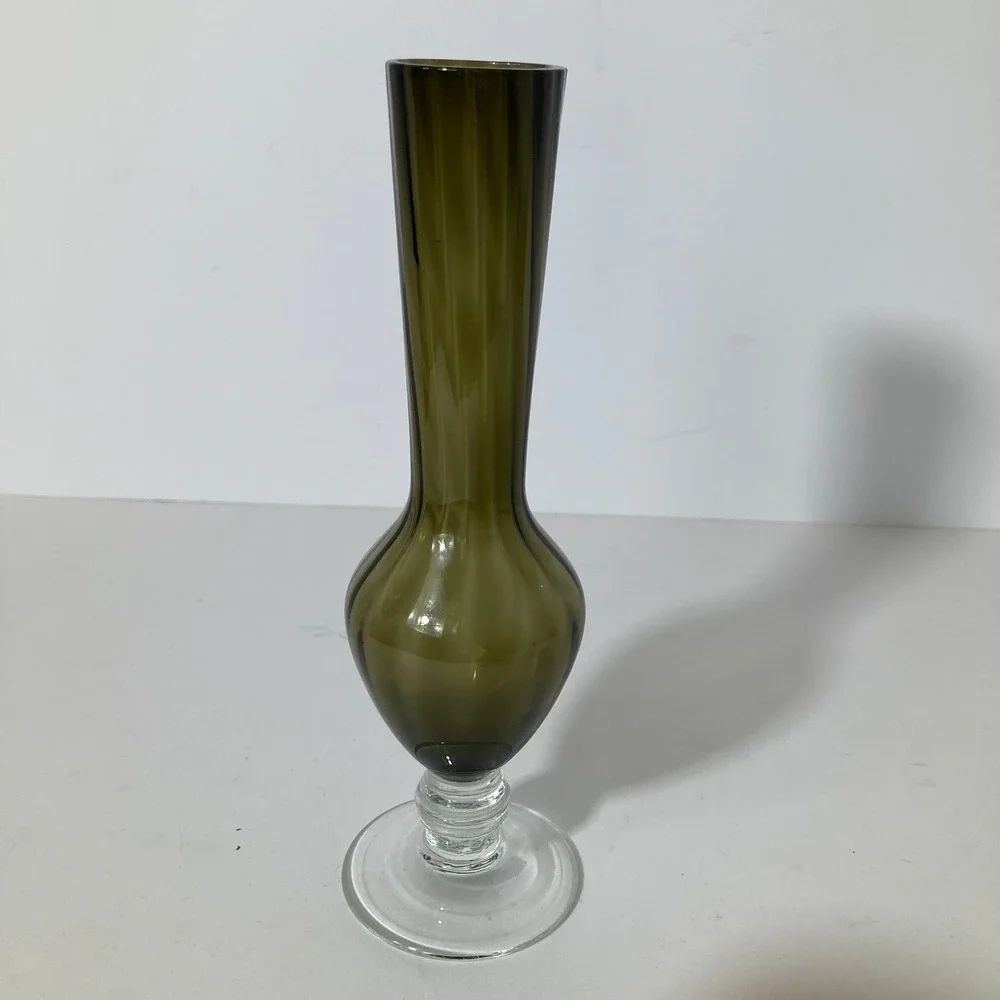 Vintage‎ Smokey Olive Green Glass Bud Vase Slim Stemmed Base Clear Foot 2 x 8
